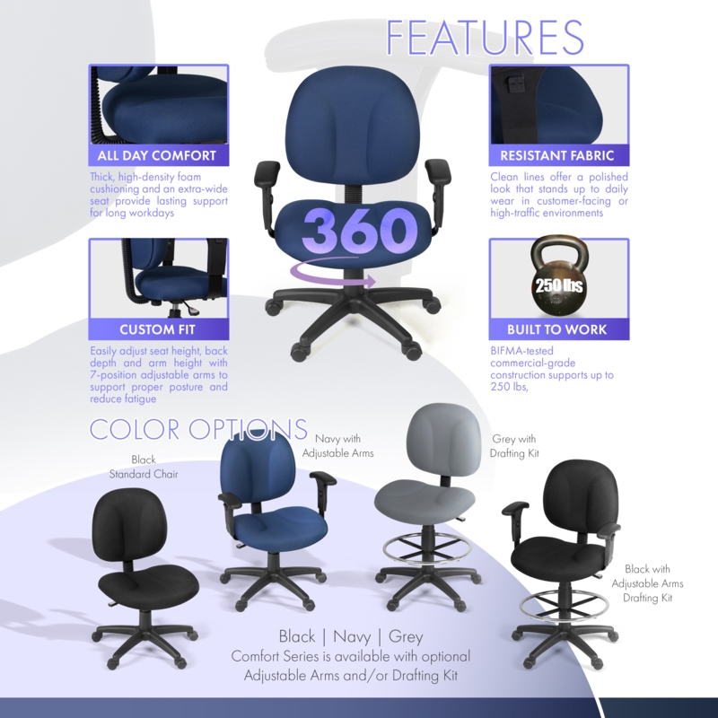 Regency Comfort Series Swivel Fabric Computer Task Chair with Adjustable Arms - Navy Blue