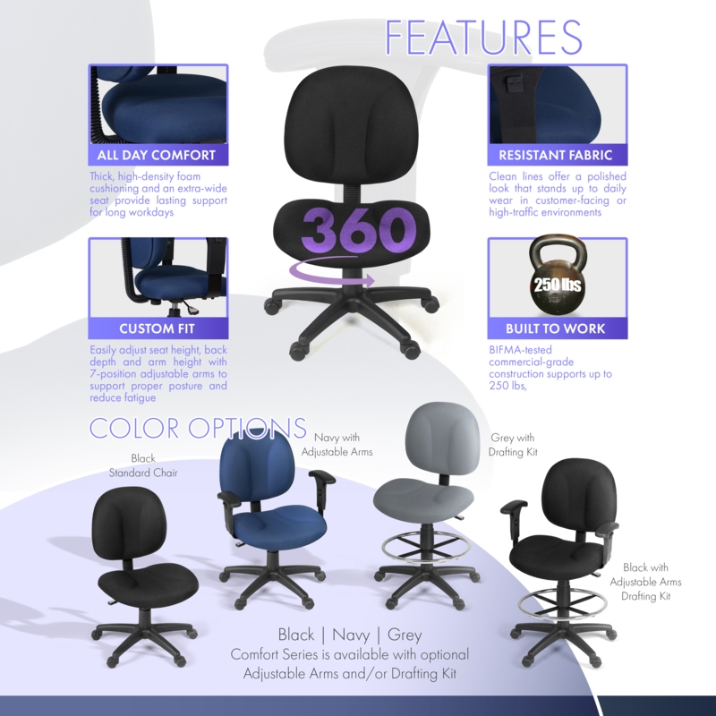 Regency Comfort Series Swivel Fabric Computer Task Chair - Armless - Black