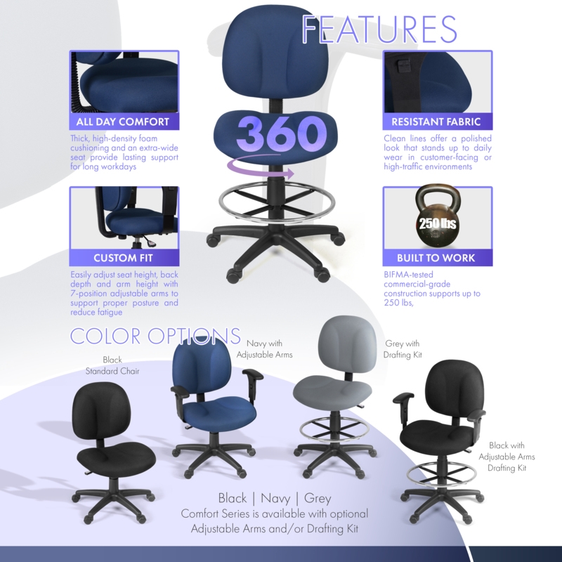 Regency Comfort Series Swivel Fabric Computer Task Chair with Drafting Kit -Navy Blue