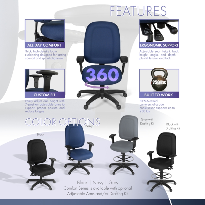 Regency Comfort Series High-Back Multifunctional Fabric Computer Task Chair with Adjustable Arms - Navy Blue