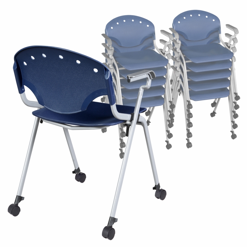 Regency Rico Classroom Training Mobile Stack Chair w/ Arms - Navy Blue(11 Pack)