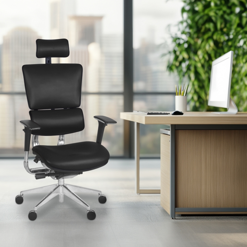 Omega Ergonomic Leather Executive Office Chair with Headrest/Adjustable Lumbar Support - Black