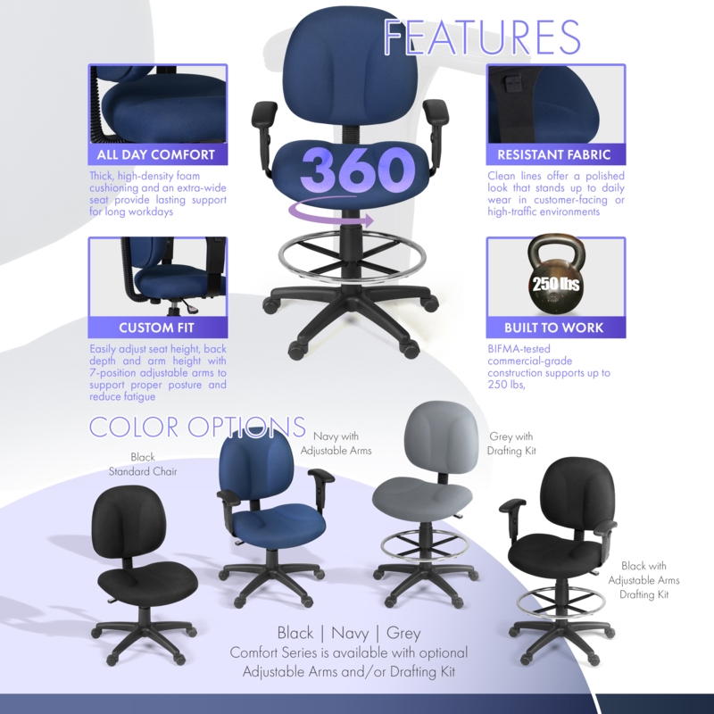 Regency Comfort Series Swivel Fabric Computer Task Chair with Adjustable Arms & Drafting Kit - Navy Blue
