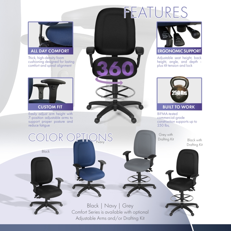 Regency Comfort Series High-Back Multifunctional Fabric Computer Task Chair with Adjustable Arms and Drafting Kit - Black