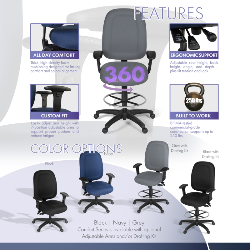 Regency Comfort Series High-Back Multifunctional Fabric Computer Task Chair with Adjustable Arms and Drafting Kit - Gray
