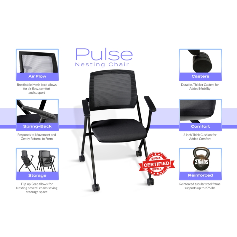 Regency Pulse Flexible High Back with Padded Fabric Seat Nesting Chair (8 pack)- Black