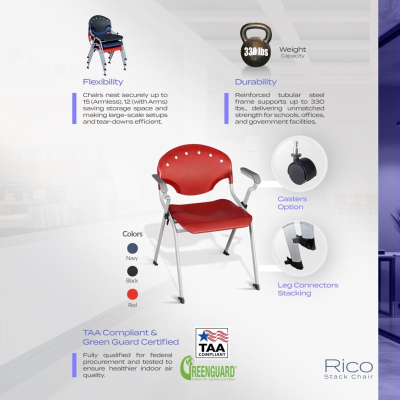 Regency Rico Classroom Training Mobile Stack Chair with Arms - Red  (4 Pack)