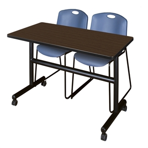 Regency Kobe 48 x 30&quot Flip-Top Nesting Table-Neo Walnut/2 Zeng Stack Chairs-Blue