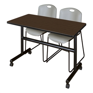 Regency Kobe 48 x 30&quot Flip-Top Nesting Table-Neo Walnut/2 Zeng Stack Chairs-Grey