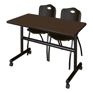 Regency Kobe 48 x 30&quot Flip-Top Nesting Table- Neo Walnut/2 M Stack Chairs- Black