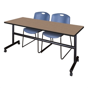 Regency Kobe 72x24&quot Flip-Top Nesting Table- Noble Oak/2 Zeng Stack Chairs- Blue