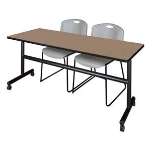 Regency Kobe 72x24&quot Flip-Top Nesting Table- Noble Oak/2 Zeng Stack Chairs- Grey