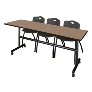 Regency Kobe 84 x 24&quot Flip-Top Nesting Table- Noble Oak/ 3 M Stack Chairs- Black