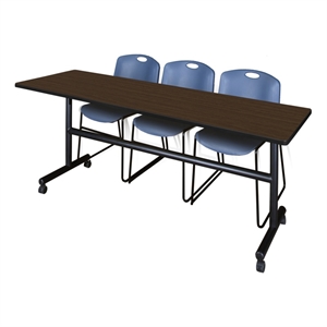 Regency Kobe 84x24&quot Flip-Top Nesting Table- Neo Walnut/ 3 Zeng Stack Chairs-Blue