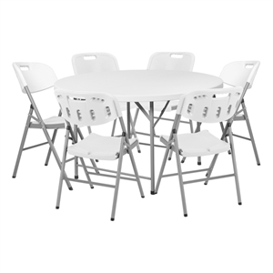 Regency Trestle 6 ft Round Folding Table and 6 Chairs Set - 72&quot Round - White