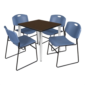 Regency Kahlo 30&quot Square Breakroom Table-Walnut/Chrome/4 Zeng Stack Chairs-Blue