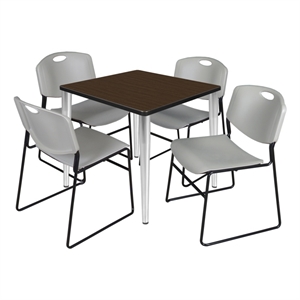 Regency Kahlo 30&quot Square Breakroom Table-Walnut/Chrome/4 Zeng Stack Chairs-Grey