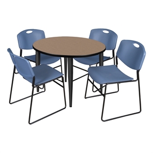 Regency Kahlo 36&quot Round Breakroom Table-Noble Oak/Black/4 Zeng Stack Chairs-Blue