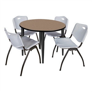 Regency Kahlo 36&quot Round Breakroom Table-Noble Oak/Black/4 M Stack Chairs- Grey