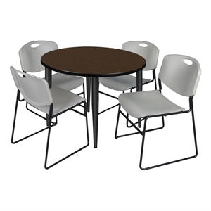 Regency Kahlo 42&quot Round Breakroom Table-Walnut/Black/4 Zeng Stack Chairs-Grey