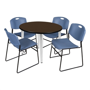 Regency Kahlo 42&quot Round Breakroom Table-Walnut/Chrome/4 Zeng Stack Chairs-Blue