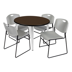 Regency Kahlo 42&quot Round Breakroom Table-Walnut/Chrome/4 Zeng Stack Chairs-Grey