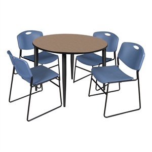Regency Kahlo 48&quot Round Breakroom Table-Noble Oak/Black/4 Zeng Stack Chairs-Blue
