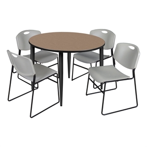 Regency Kahlo 48&quot Round Breakroom Table-Noble Oak/Black/4 Zeng Stack Chairs-Grey