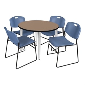 Regency Kahlo 36&quot Round Breakroom Table-Oak/Chrome/4 Zeng Stack Chairs-Blue