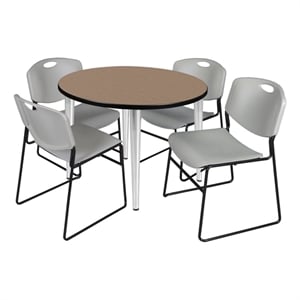 Regency Kahlo 36&quot Round Breakroom Table-Oak/Chrome/4 Zeng Stack Chairs-Grey