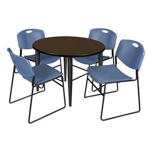 Regency Kahlo 36&quot Round Breakroom Table-Walnut/Black/4 Zeng Stack Chairs-Blue