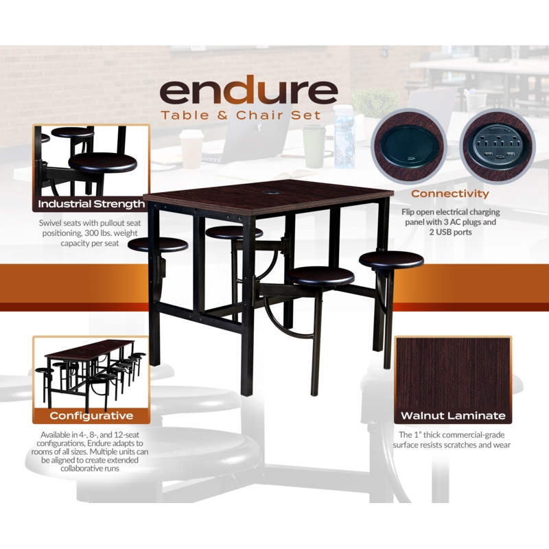 Regency Endure Collaborative Table/Chair Set w/ 4 Stools/Walnut Wood Seats