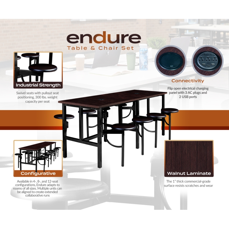 Regency Endure Collaborative Table/Chair Set with 8 Stools/Walnut Top/Wood Seats