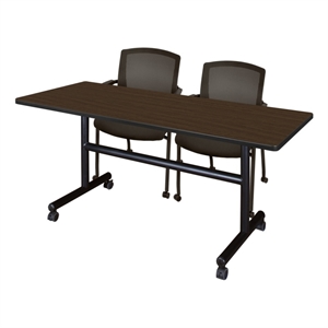 Regency Kobe 60 x 24&quot Flip-Top Nesting Table- Neo Walnut/2 Knight Mesh Chairs