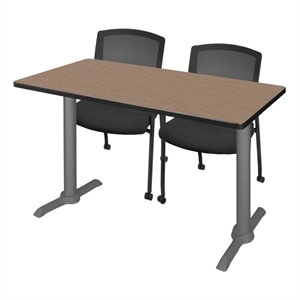 Regency Cain 48x24&quot T-Base Seminar Table-Oak TableTop/Grey/2 Knight Mesh Chairs