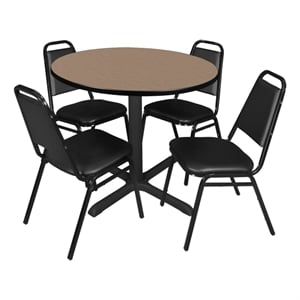 Regency Cain 42&quot Round Breakroom Table-Noble Oak/4 Restaurant Stack Chairs-Black