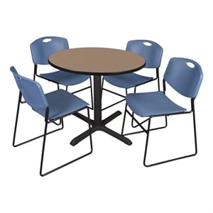 Regency Cain 42&quot Round Breakroom Table- Noble Oak & 4 Zeng Stack Chairs- Blue