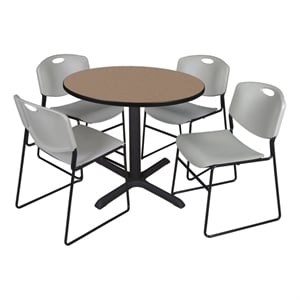 Regency Cain 42&quot Round Breakroom Table- Noble Oak & 4 Zeng Stack Chairs- Grey