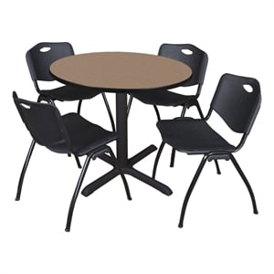Regency Cain 42&quot Round Breakroom Table- Noble Oak & 4 M Stack Chairs- Black