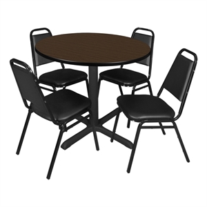 Regency Cain 42&quot Round Breakroom Table-Walnut/4 Restaurant Stack Chairs-Black