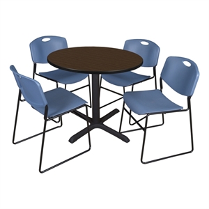 Regency Cain 42&quot Round Breakroom Table- Neo Walnut & 4 Zeng Stack Chairs- Blue