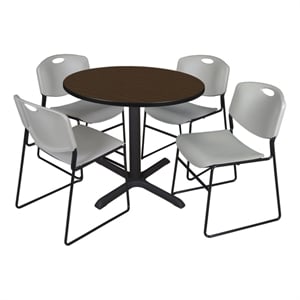 Regency Cain 42&quot Round Breakroom Table- Neo Walnut & 4 Zeng Stack Chairs- Grey