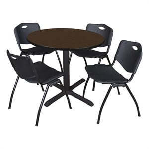 Regency Cain 42&quot Round Breakroom Table- Neo Walnut & 4 M Stack Chairs- Black