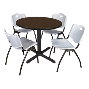 Regency Cain 42&quot Round Breakroom Table- Neo Walnut & 4 M Stack Chairs- Grey