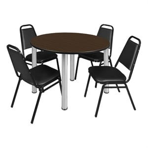 Kee 42&quot Round Breakroom Table-Neo Walnut/ Chrome/4 Restaurant Stack Chairs-Black