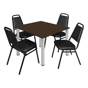 Kee 48&quot Square Breakroom Table-Walnut/ Chrome/4 Restaurant Stack Chairs-Black