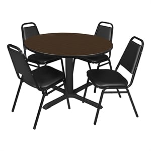 Regency Cain 48&quot Round Breakroom Table-Walnut/4 Restaurant Stack Chairs-Black