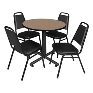 Kobe 30&quot Round Breakroom Table- Noble Oak & 4 Restaurant Stack Chairs- Black