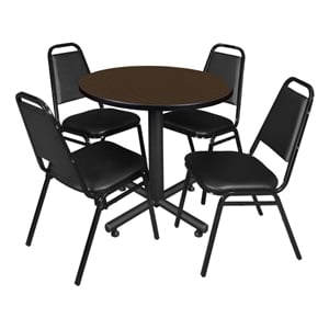 Kobe 30&quot Round Breakroom Table- Neo Walnut & 4 Restaurant Stack Chairs- Black