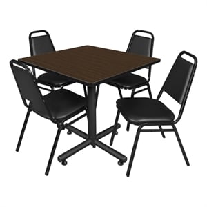 Kobe 36&quot Square Breakroom Table- Neo Walnut & 4 Restaurant Stack Chairs- Black